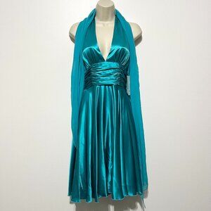 Papell Boutique Silk Halter Dress 6P Blue Y2K Babydoll Gala Party Event Fairy